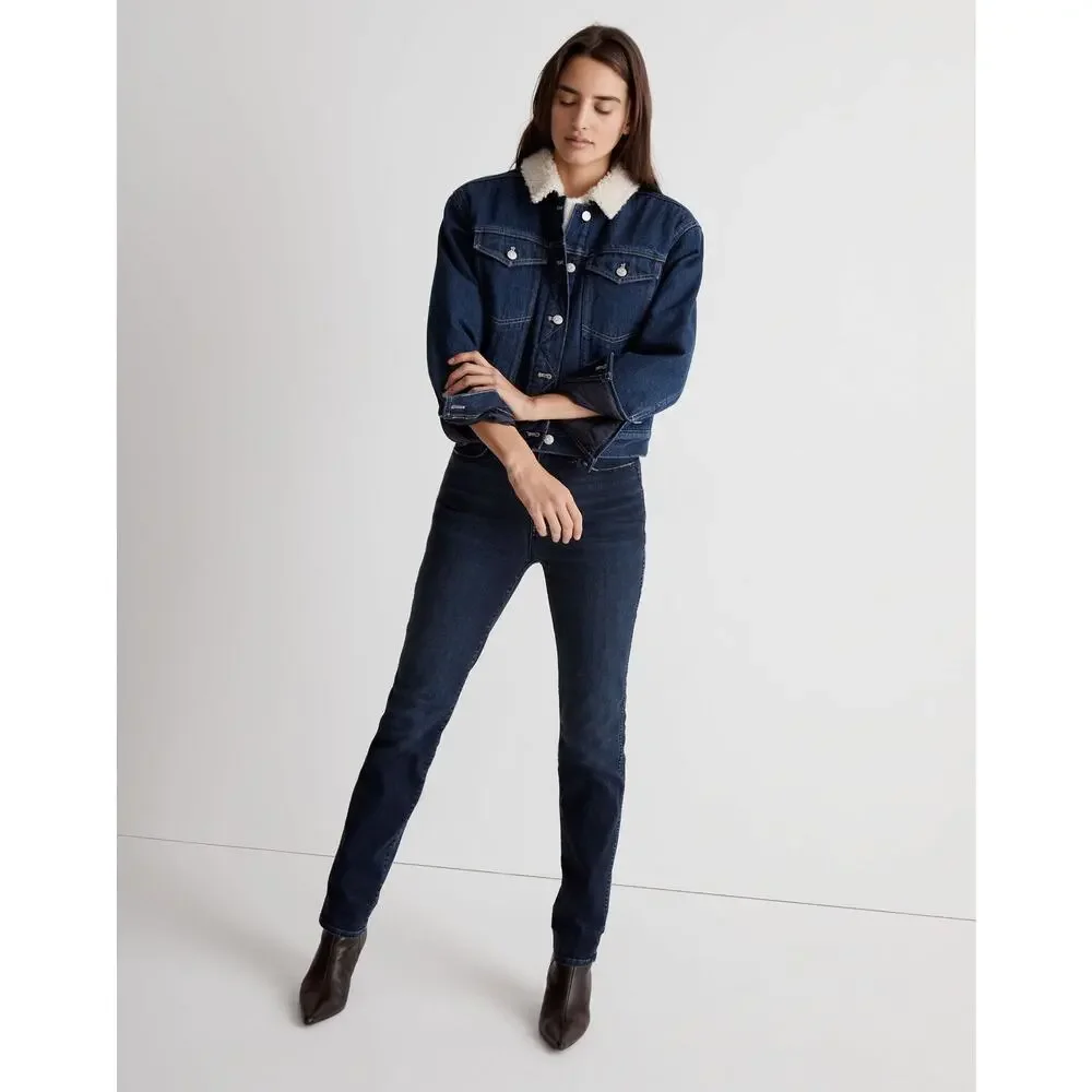Madewell Cropped Sherpa Denim Trucker Jacket Medium Oversized Western Americana - Picture 16 of 16
